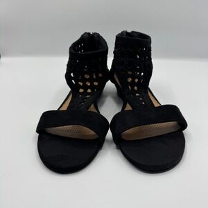 Comfortview Black Laser Cut Ankle Strap‎ Wedge Sandals Shoes Women's